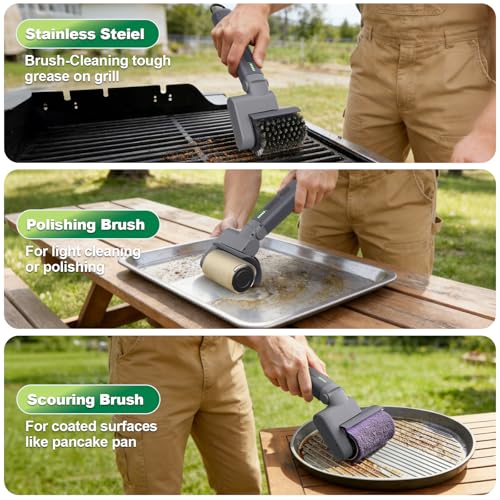 2026 New Electric Grill Brush with 3 Replacement Head,3-Speed Power Control,Cordless Rechargeable Grill Cleaning Brush with Adjustable Angle,Cleaning Tool for Outdoor BBQ,No Bristle Shedding-Gray