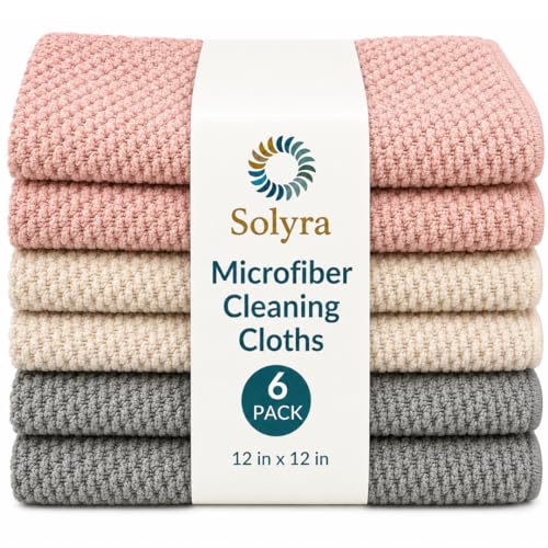 Solyra Non-Toxic Microfiber Cleaning Cloths, 6 Pack, 12 x 12 in | OEKO-TEX Certified, Safe for Family & Pets, Lint-Free, Absorbent Kitchen Rags for Counters