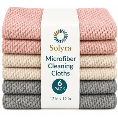 Solyra Non-Toxic Microfiber Cleaning Cloths, 6 Pack, 12 x 12 in | OEKO-TEX Certified, Safe for Family & Pets, Lint-Free, Absorbent Kitchen Rags for Counters