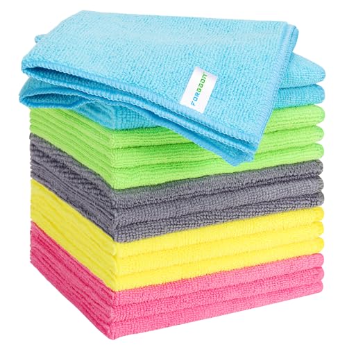 Forggon 15pcs Microfiber Cleaning Cloth Lint Free, Absorbent, Streak Free, Non-Abrasive, Reusable and Washable，Cleaning Towels with 5 Color Assorted,11.5"X11.5"(Green/Blue/Yellow/Pink/Grey) - color: Assorted, size: 11.5x11.5inch-15Pack
