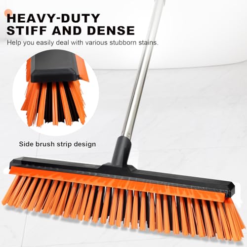 18" Push Broom Outdoor with Rubber Squeegee,Heavy Duty Broom Brush with Handle,Stiff Bristles for Patios and Deck Dirt Garage Warehouse Driveway Concrete Floor Cleaning Scrubbing