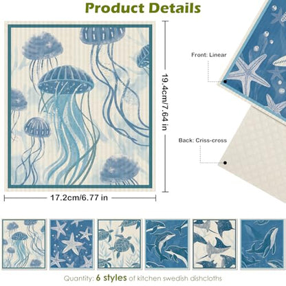 6 Packs Swedish Paper Cloths for Kitchen, Reusable Paper Towels Washable Dish Rags, Highly Absorbent Kitchen Towels Quick Drying Swedish Sponge Cleaning Dish Cloths(Deep Blue Sea Creatures) - color: Deep Blue Sea Creatures