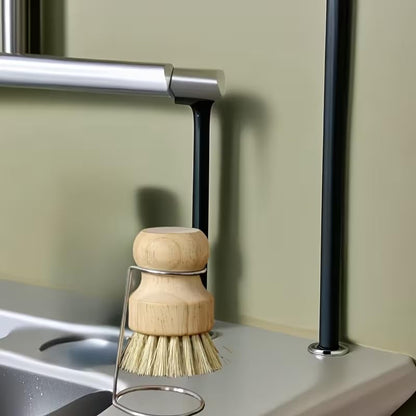 Kitchen Brush for Cleaning Dishes and Pans, Rustic Design Cleaning Brush with Built-in Drying Stand, Dish Brush with Drip Tray for Sink Countertop Organization
