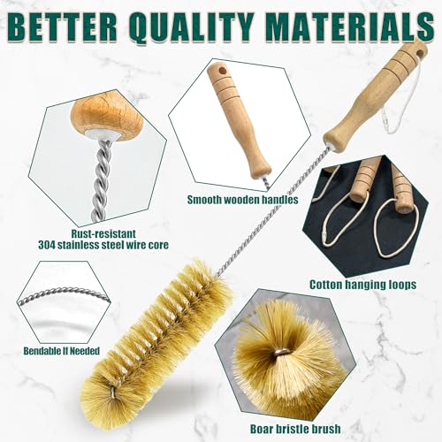 Boar Bristle Bottle Brush Set (4 Pack) - Straw & Water Bottle Cleaner with Long Wooden Handles, Scrubber for Stanley Cups, Tumblers & Jars, 304 Stainless Steel Wire, Kraft Packaging