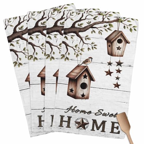 Bird Houses Kitchen Towels Set of 4 Sparrows Home Sweet Branch Star White Wood Grain Decorative Dish Towels Ultra Soft Microfiber Absorbent Reusable Dishcloths for Kitchen Drying, 18x28 Inch - size: 28" x 18" (Pack of 4)