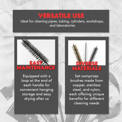 3 Piece Set of 16-Inch Tube Cleaning Brushes Copper, Stainless, Nylon for Various Surface Use (1.5-Inch Diameter) - size: 1.5-Inch Diameter