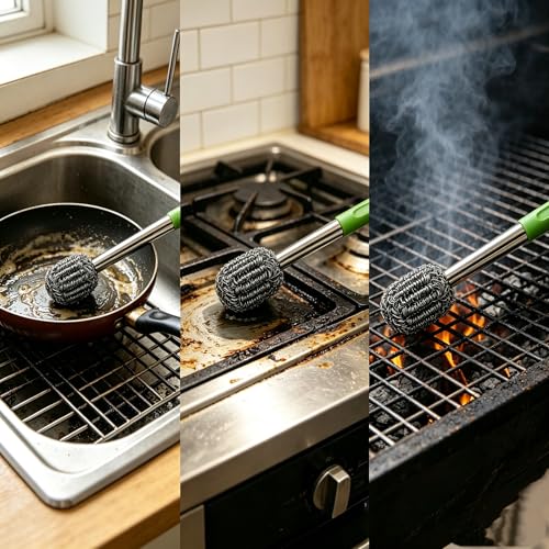 2PCS Steel Wool Scrubber with Handle Rustproof, Cast Iron Scrubber, Stubborn Messes Pot Brush, Remove Dirt for Cleaning Stoves,Sinks Dishes Grills Bowls & Metal Wire Sponge for Kitchens - color: Green