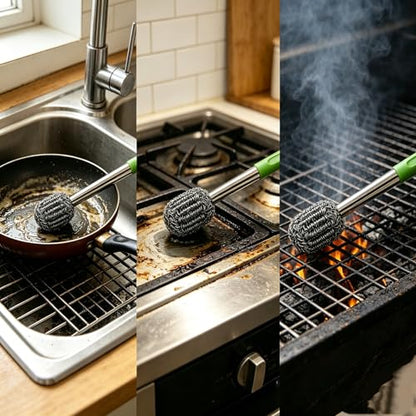 2PCS Steel Wool Scrubber with Handle Rustproof, Cast Iron Scrubber, Stubborn Messes Pot Brush, Remove Dirt for Cleaning Stoves,Sinks Dishes Grills Bowls & Metal Wire Sponge for Kitchens - color: Green