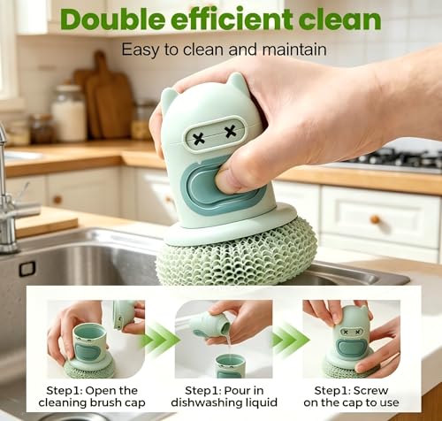 Refillable Soap Dispensing Dish Brush, Palm Grip Kitchen Scrubber, Push-Button Soap Dispenser, Heavy-Duty for Dishes Pots Pans Nonstick Cookware, BPA-Free Food-Safe Kitchen Cleaner (Green)