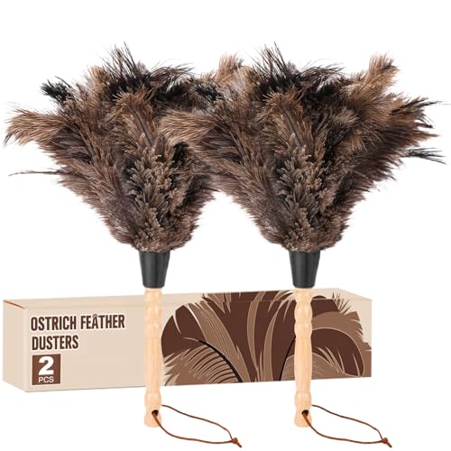 2pcs Ostrich Feather Dusters，Reusable Feather Duster with Wood Handle, Ostrich Feather Dusters for Cleaning, Office, Home, Car(Length13”