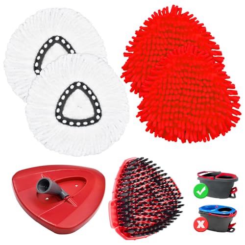 Mop Heads Replacement Compatible with O-Cedar EasyWring 1-Tank System, Includes 2 Microfiber + 2 Chenille Refills + 1 Scrub Brush + 1 Spin Mop Base for Hard Floor Cleaning - color: 2red+2white