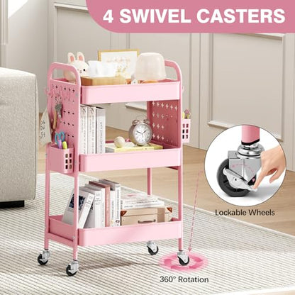 KINGRACK 3 Tier Rolling Cart with DIY Pegboard, Metal Utility Cart with Wheels, Hooks & Baskets, Sturdy Storage Organizer for Craft, Bathroom, Kitchen, Office, Nursery, Classroom(Pink) - color: Pure Pink