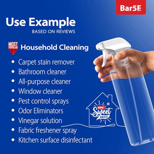 Bar5F Plastic Spray Bottles with Mixor Trigger, 32 oz | Professional, Leak Proof, Empty, Adjustable Fine to Powerful Sprayer, Refillable | Water Plants, Cleaning Solutions | Crystal Clear | Pack of 3