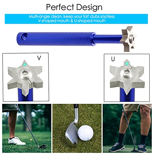 VIPMOON Golf Club Cleaner Kit, 2 Pcs Groove Sharpener Regrooving Tool and 1 Pcs Retractable Club Cleaner Brush, Portable Groove Sharpener Tool for All Golf Irons for Men - color: Blue