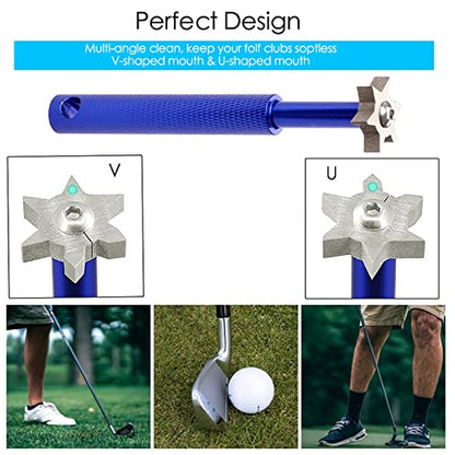 VIPMOON Golf Club Cleaner Kit, 2 Pcs Groove Sharpener Regrooving Tool and 1 Pcs Retractable Club Cleaner Brush, Portable Groove Sharpener Tool for All Golf Irons for Men - color: Blue