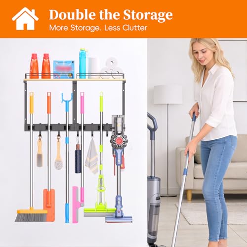 HOOMESUN Broom Holder Wall Mount with Shelf & Guard Rail, Upgraded No-Fall Storage, 120 lbs Heavy Duty Cleaning Organizer, 5 Clamps 4 Hooks, Thick Metal & Wood Rack for Laundry Room Garage