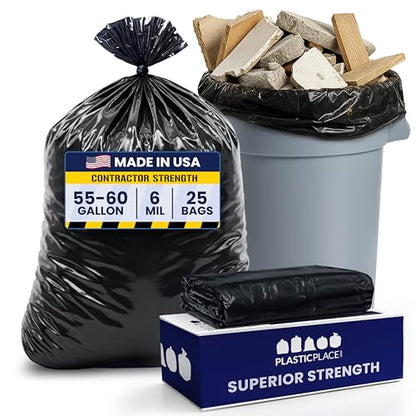 Plasticplace Contractor Trash Bags 55-60 Gallon │ 6.0 Mil │ Black Heavy Duty Garbage Bag │ 36” x 58” (25 Count) - size: 1 Count (Pack of 25)