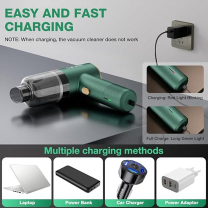 Car Vacuum Portable 4 in 1 Vacuum Cleaner 12000Pa Mini Handheld Vacuum Cordless Rechargeable 120W High Power Vacuum Cleaner & Air Duster Multi-Nozzles for Car Home Office Pet(Green)
