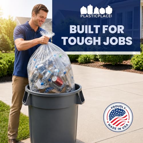 Plasticplace W55HDC1 55-60 gallon Trash Bags │ 12 Microns │ Clear High Density Garbage Can Liners │ 36” x 60” (200Count)