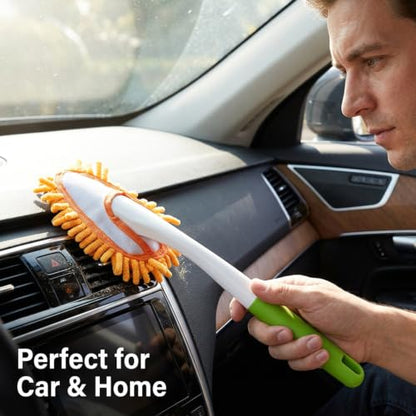 Microfiber Duster for Cleaning, Hand Washable Dusters with 4 pcs Replaceable Microfiber Head,Wet and Dry Use, Detachable Cleaning Supplies for Office, Car, Window, Furniture, Wall