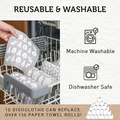 Nordhus Design Swedish Dishcloths,10 Grey Cloths, Made in Sweden - Reusable, Washable Cellulose Cotton Kitchen Cloths - Replace Paper Towels, Wipes, Sponges, Dish Rags - color: 3. Nordic Forest