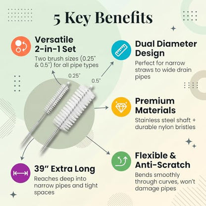 39 Inch Long Pipe Cleaner Brush 2-in-1 Set, 0.25 & 0.5 Inch Diameter Nylon Tube Brushes for Refrigerator Drain Pipe, Aquarium Tube, Coffee Machine, Washing Machine, Air Conditioner