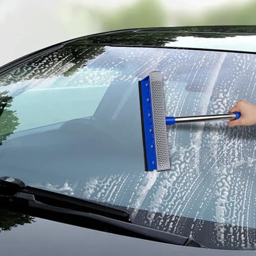 2-in-1 Car Windshield Squeegee and Sponge Scrubber for Cleaning and Washing, Rubber Blade Cleaner with Handle, Retractable car Wipers Suitable for All Vehicles, Blue