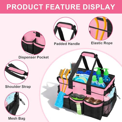 Large Cleaning Caddy Bag – Cleaning Supply Organizer Bag with Handle & Adjustable Shoulder Strap for Housekeepers, Professional Home, Apartment & Office Cleaning, Soft Portable Tote (Pink)
