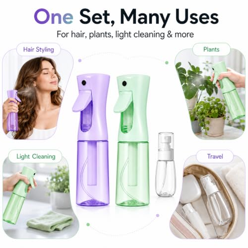 3 PCS Spray Bottles, 2-Pack Continuous Spray Bottles,Fine Water Mist Spray Bottles for Hair 6.8 OZ (200 ML) and 1oz 30ml Travel Spray Bottle Mister (Purple+Green) - color: Purple+Green