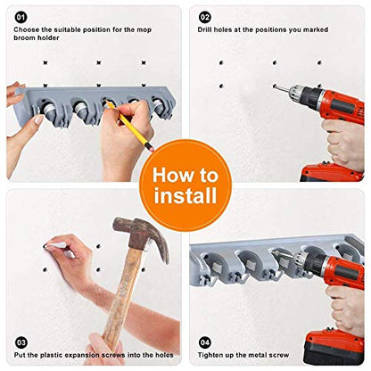 Mop and Broom Holder,Multipurpose Wall Mounted Tool Organizer, Storage Rack,Ideal Broom Hanger With Hooks for Rake or Mop Handles for Kitchen Garden Bathroom and Garage Use (Gary)