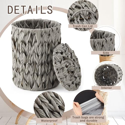 Ctosree 1.3 Gallons Small Trash Can with Lid Handle Boho Woven Braided Bathroom Waste Basket Trash Can with 100 Garbage Bags for Bedroom Office Laundry(Grey, Braided Polypropylene) - color: Grey, style: Round