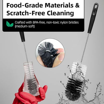 2 Pcs Bottle Brushes Set, 17 Inches Long Thin Flexible Bendable Flexible Cleaner for Narrow Neck Bottles, Water/Wine/Beer/Baby Bottles, Pipes, Tubes, Hoses, Teapots - Bendable & Dishwasher - size: 17" Extended