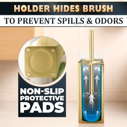 Gold Toilet Brush and Holder Set - Instantly Elevate Your Bathroom Style - Stainless Steel Toilet Bowl Brush and Holder with 2 Rounded Corners, Replaceable Head, Removable Inner Bowl & Splash Guard - color: Gold Squircle