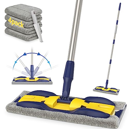 Microfiber Mops for Hardwood Floor Cleaning: MEXERRIS Flat Floor Mop with 4 Washable Pads 59" Adjustable Handle - Dust Dry Mops for Kitchen Bathroom Tile Laminate Wood Vinyl - Home Commercial Mop - color: Yellow