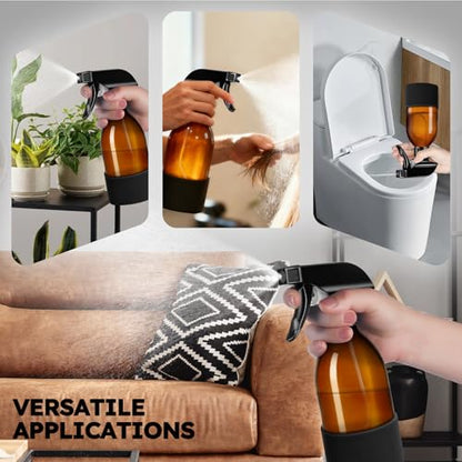Tecohouse 2 Pack 360° Amber Glass Spray Bottles with Silicone Sleeve, 8 oz Empty Refillable Containers with Adjustable Spray Nozzles, Dark Spray Bottles for Cleaning Solutions, Plants (Black & Brown) - color: Amber, size: 8OZ