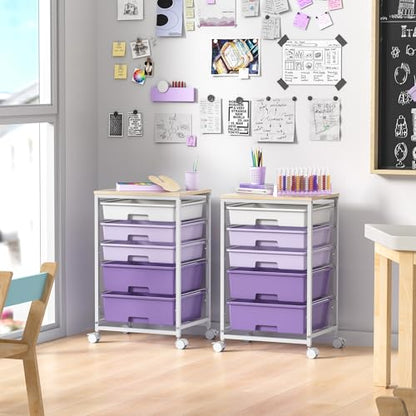 SYKIARIOL Utility Cart with 5 Drawers,Storage Drawer Cart with Wooden Tabletop and Lockable Wheels,Craft Storage Trolley Cart,5-Tier Rolling Utility Cart on Wheels,Purple - color: Purple