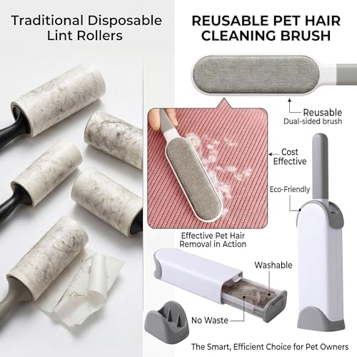 Double Sided Pet Hair Remover Brush, Reusable Lint Brush for Clothes Furniture and Carpet, Fabric and Fur Cleaning Tool, Portable Lint Roller Alternative for Home Travel Daily Use, Grey