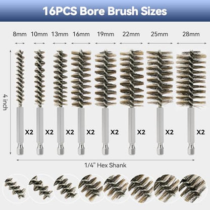 16 Pcs Wire Bore Brush for Drill，Stainless Steel Drill Brush Set，with 1/4 Inch Hex Shank, Power Drill Attachment for Polishing, Rust and Tube Cleaning (5/16" - 1-1/8") - size: "S"+"L" 16PCS