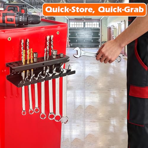 MUTUACTOR Magnetic Wrench Holder,Anti-scratch Magnetic Mount Drill Bits Holders Heavy Duty,2 Layers Magnet Wrench Drill Bits Rack for Work Bench Toolbox Tool Cart,1PCS,Black,26 Holes and 7 Slots - style: Black Drill Bits Wrench Holder