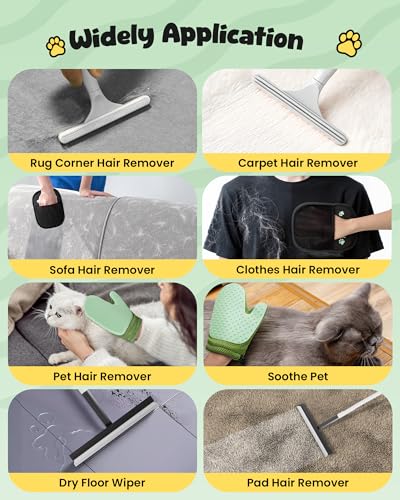 Carpet Rake for Pet Hair Removal Tool - 4 in 1 Pet Hair Remover Kit for Dog Cat Fur Remover, Contain 60" Adjustable Rubber Broom, Glove, Magic Brush and Scraper for Furniture (Black) - color: Black