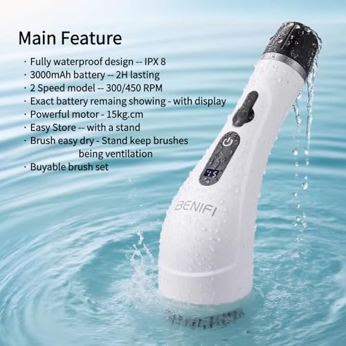 Electric Spin Scrubber Full-Body IPX7 Waterproof Cordless Bathroom Cleaning Brush with Power LCD Display and 8 Brush Heads - size: Normal