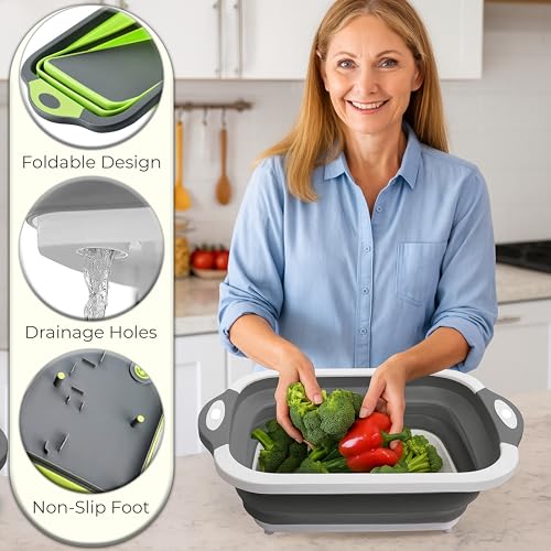 SSKT Pack of 2 Collapsible Cutting Board – Multifunctional Kitchen Sink Tub Basin with Drain, Chopping Board & Washing up Bowl – Space-Saving & Portable for Kitchen, Camping, RV, & Outdoor Use - color: Pack of 2