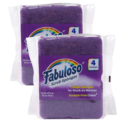 Fabuloso Scratch-Free Kitchen Dish Sponges Purple Cellulose Scrubber Sponge with Scouring Pad Dishes Pots Pans Counters and Sinks Tough on Messes 4.25 x 2.75 x 1.25 in 4 Count 2 Pack Extended Supply - color: Purple, size: 4 Count (Pack of 2)