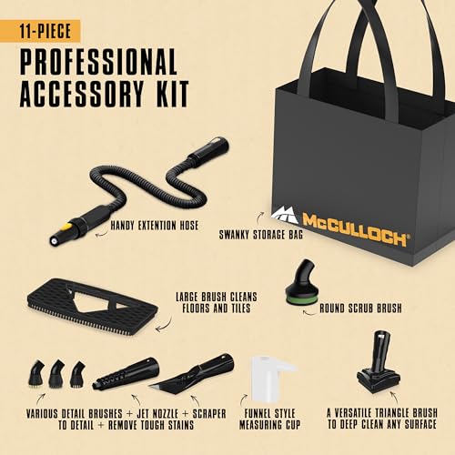 McCulloch MC1230 Handheld Steam Cleaner, 10 Minute Runtime, 11 Accessories: Jet Nozzle, Brushes, & More - Built for Home, Tile, Grout, Carpet, Furniture, & Personal Car Detailing - size: MC1230