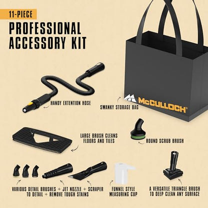 McCulloch MC1230 Handheld Steam Cleaner, 10 Minute Runtime, 11 Accessories: Jet Nozzle, Brushes, & More - Built for Home, Tile, Grout, Carpet, Furniture, & Personal Car Detailing - size: MC1230