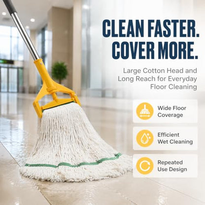 2 Pack 20 Oz Commercial Cotton Mop with 63” Stainless Steel Handle, Heavy Duty Industrial Wet Mop for Floor Cleaning, Commercial Grade Mop for Home, Office, Garage, Tile & Hardwood Floors