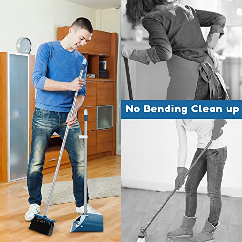 Standing Dustpan and Broom Set with 52" Long Extendable Handle for Home, Indoor, Kitchen Room Office Lobby Floor Cleaning - color: Navy Blue