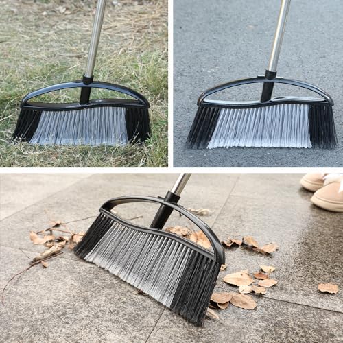 Heavy Duty Outdoor Broom - 15.7" Wide Broom with Long Adjustable Handle & Stiff Bristles for Patio, Garage, Yard, Garden (Black) - color: Black