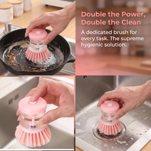 2 Pack Dish Brush with Soap Dispenser for Dishes Pot Pan Kitchen Sink Scrubbing Easy to Clean Kitchen Utensils,Pink - color: Pink