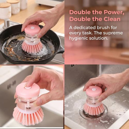 2 Pack Dish Brush with Soap Dispenser for Dishes Pot Pan Kitchen Sink Scrubbing Easy to Clean Kitchen Utensils,Pink - color: Pink